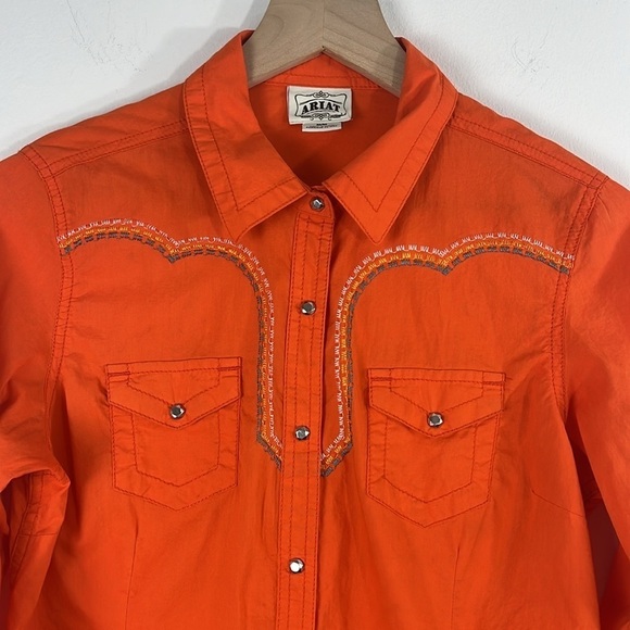 Ariat Embroidered Orange Western Metal Snap Button Long Sleeve Top Size M Womens - Picture 4 of 12
